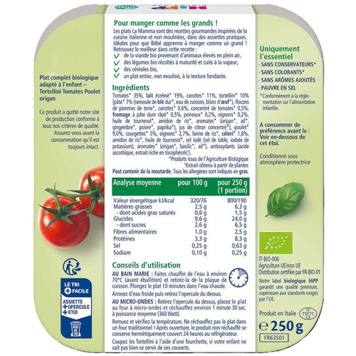 Hipp Biologique La Mamma Tortellini Tomates Poulet Origan 250g