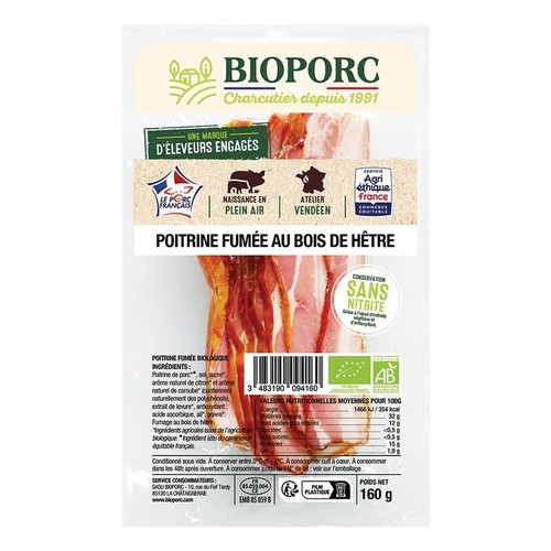 BioPorc Poitrine Fumée au Bois de Hêtre Bio 160g