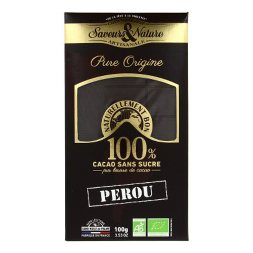 Saveurs & Nature Chocolat Noir Sans Sucre 100% Bio 100g