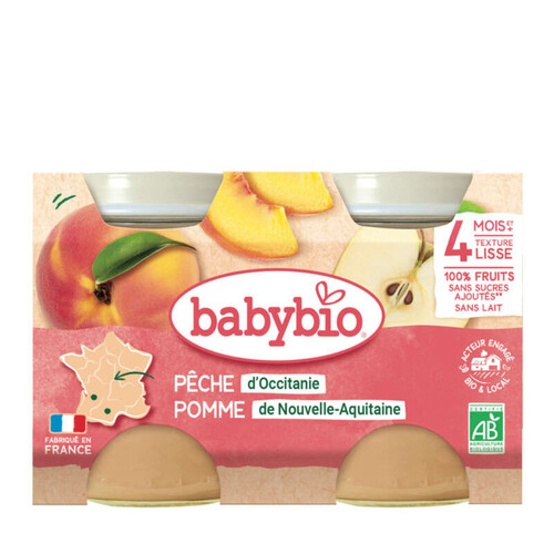 Babybio Pêche Pomme d'Aquitaine des 4 mois 2x130g