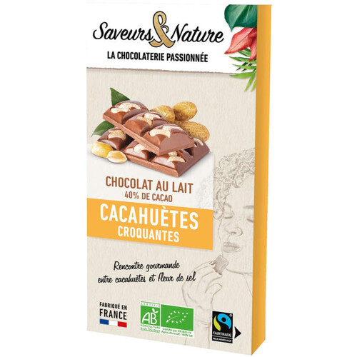 Saveurs & Nature Chocolat au Lait 40% Cacao Cacahuètes Croquantes Bio 100g
