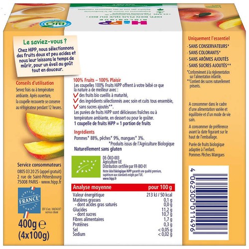 Hipp Coupelles Pommes, Pêches & Mangue 8M Bio 4X100g