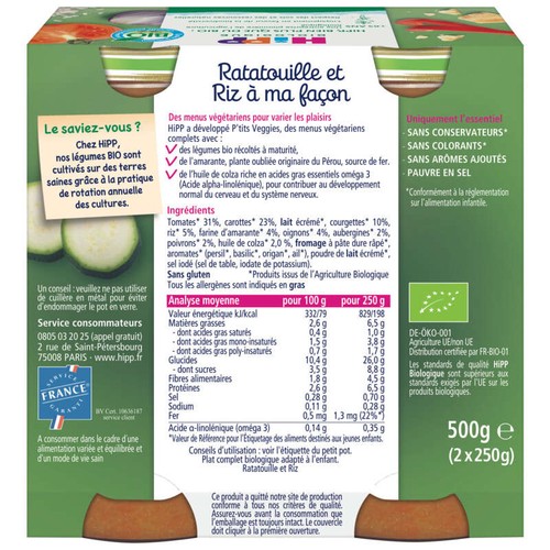 Hipp Biologique P'Tits Veggies Ratatouille & Riz à ma façon Dès 12 Mois 2x250g
