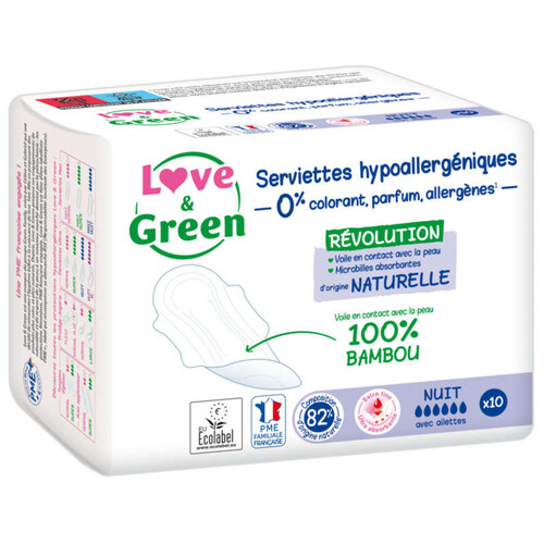 Love And Green Serviettes Hypoallergéniques Nuit X10