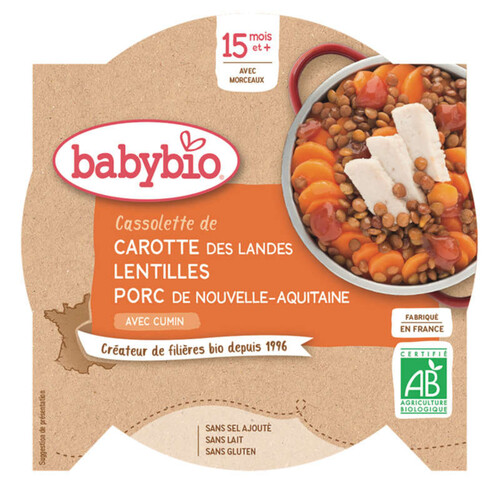 Babybio Cassolette De Carotte Lentilles Et Porc Des 15M Bio