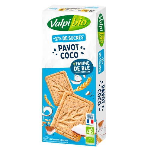 Valpi Bio Biscuits Pavot Coco -37% de sucres 130g