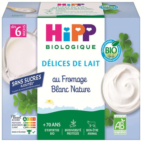 Hipp Délices De Lait Au Fromage Blanc Nature 6M Bio 4x100g