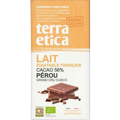 Terra Etica Chocolat au Lait Cacao 56% Pérou Grand Cru Cusco 100g