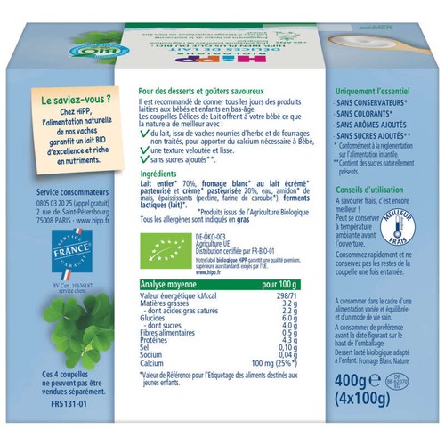 Hipp Délices De Lait Au Fromage Blanc Nature 6M Bio 4x100g