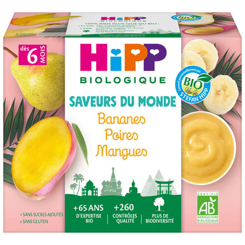 Hipp petit pot dessert bananes poires mangues dès 6 mois bio 4x 100g