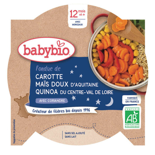 Babybio Fondue de carotte, maïs et quinoa, dès 12 mois, Bio 230g