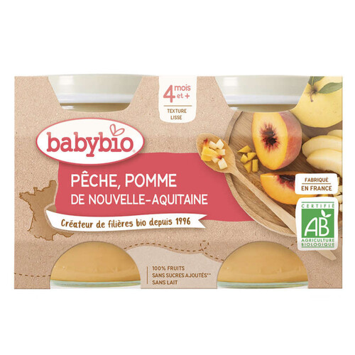 Babybio Pêche Pomme d'Aquitaine des 4 mois 2x130g