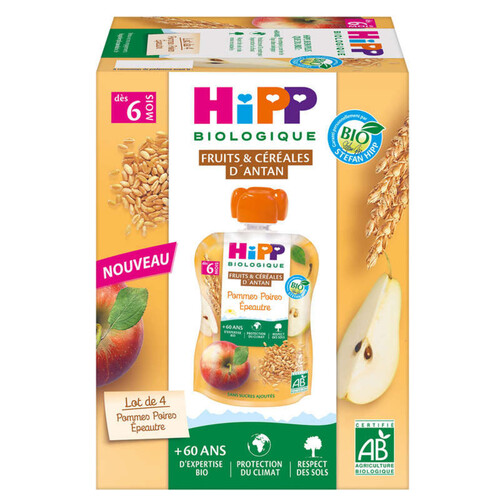 HiPP Biologique Fruits & Céréales d’Antan Pommes Poires Epeautre Blé ancien dès 6 mois Bio 4x90g