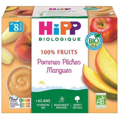 Hipp Coupelles Pommes, Pêches & Mangue 8M Bio 4X100g