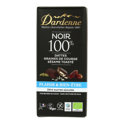 Dardenne Tablette de Chocolat Noir 100% Aux Dattes Courges Et Sésame Bio 100g