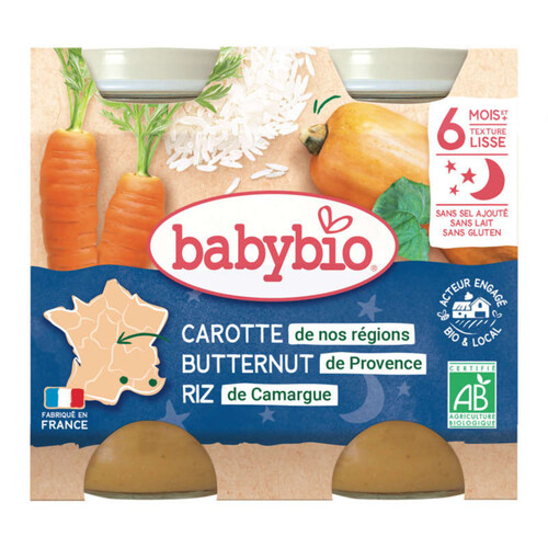 Babybio Petits pots carottes potimarron & riz, dès 6mois, bio 2x200g