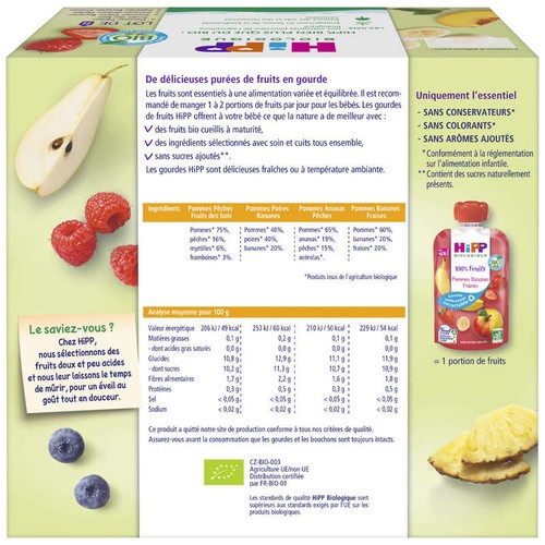 Hipp Biologique Purées de Fruits 4 Variétés, Dès 4/6 Mois x8