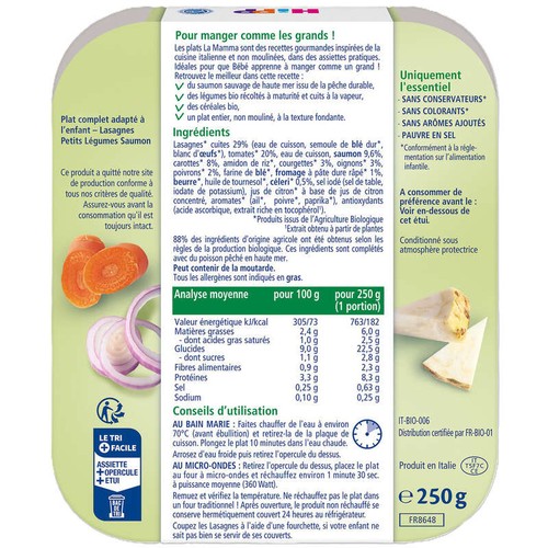 La Mamma Lasagnes petits légumes saumon assiette dès 15 mois 250g