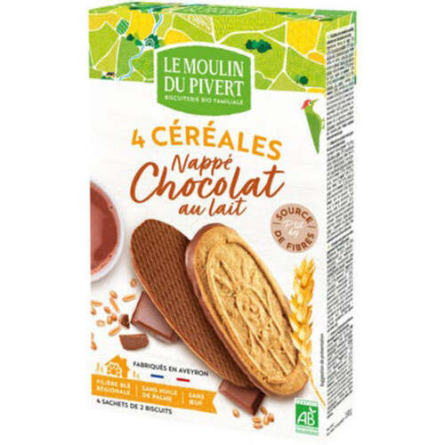 Le Moulin du Pivert Biscuits 4 Céréales Nappé Chocolat au Lait 150g