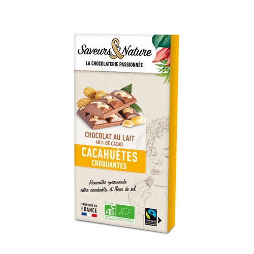 Saveurs & Nature Chocolat au Lait 40% Cacao Cacahuètes Croquantes Bio 100g