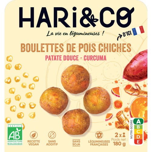 HARI&CO Boulettes De Pois Chiches Bio Patate Douce Curcuma, Protéine Végétale 180g
