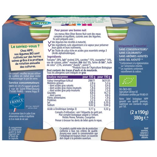 Hipp Biologique Plat Petites Penne Tomates Courgettes dès 6 mois 2x190g