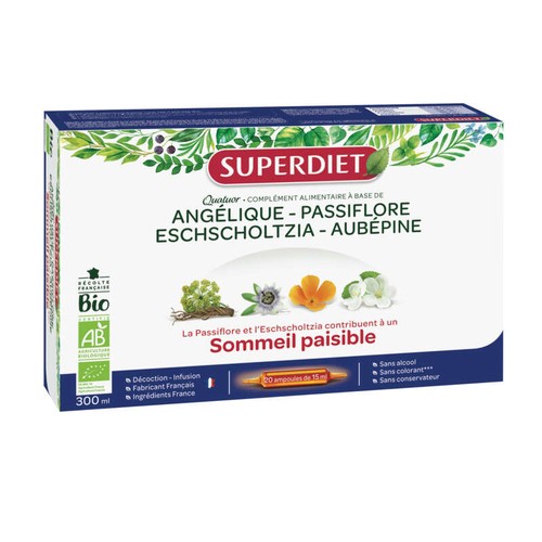 Superdiet Quatuor Angélique, Passiflore, Eschscholtzia, Aubépine 20 ampoules Bio de 15ml