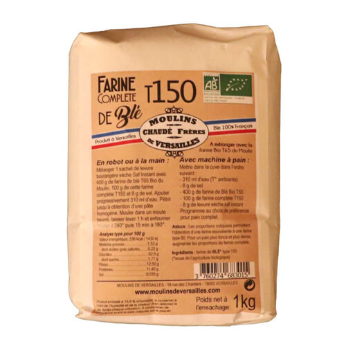 Moulins de Versailles Farine complète de Blé T150 Bio 1kg