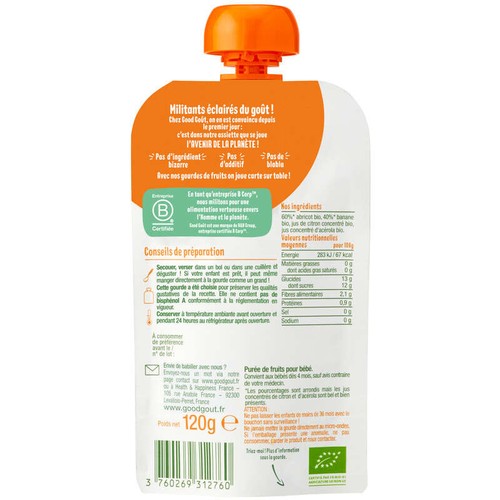 Good Goût Baby Purée Abricot - Banane Bio dès 4 mois 120g
