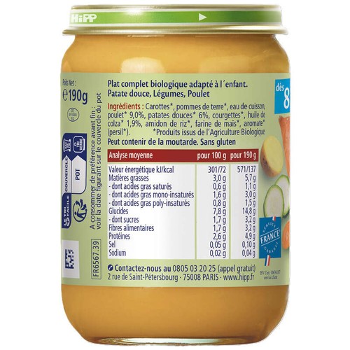 Hipp Petits Mijotés Patate Douce Légumes Poulet Bio 2x190g