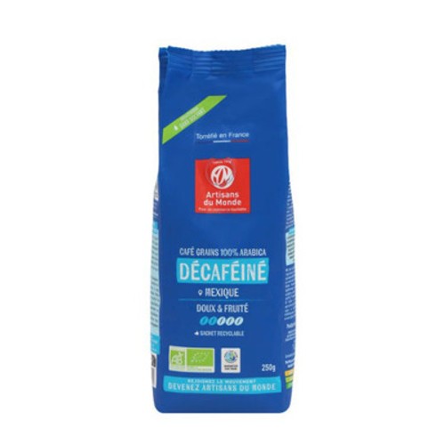 Artisans du Monde Café Grains 100% Arabica Décaféiné Mexique Doux & Fruité 250g