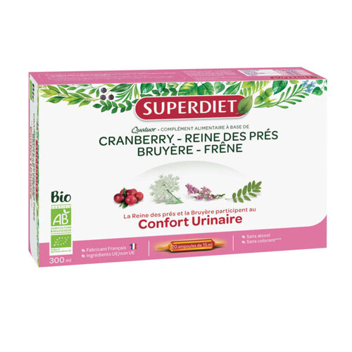 Super Diet Quatuor Reine Des Pres Confort Urinaire Bio Cranberry, Reine Des Près, Bruyère, Frêne - 20 Ampoules De 15ml