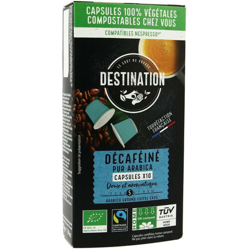 Destination Décaféiné Pur Arabica Intensité 5 Capsules Végétales x10