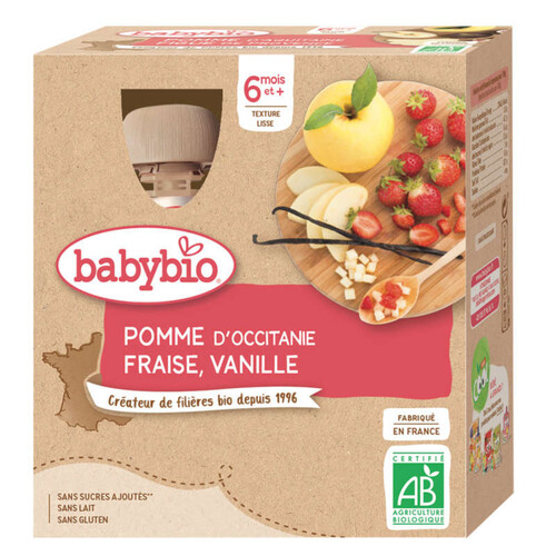 Babybio Gourde Bébé Pommes Fraises Vanille 6M 4X90gbio