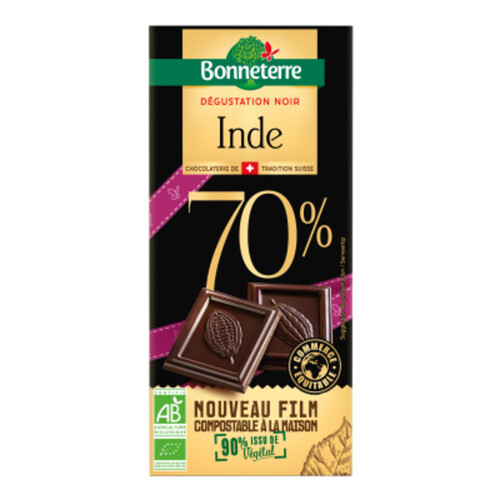 Bonneterre Tablette de Chocolat Noir Inde 70% Bio 80g