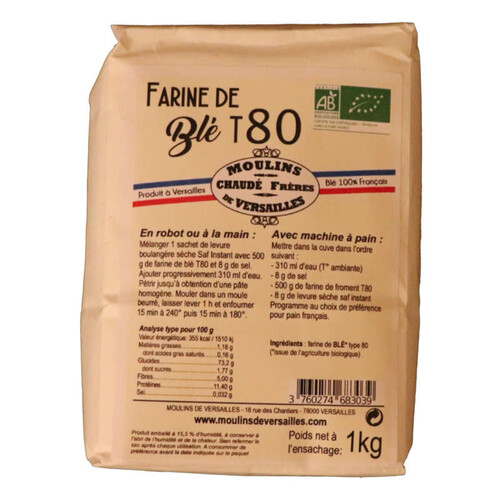Moulins de Versailles Farine complète de Blé T80 Bio 1kg