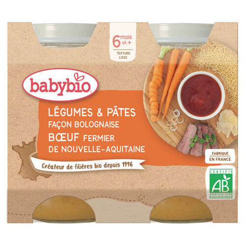 Babybio Légumes & Pâtes Façon Bolognaise 6Mois et+ 2x200g