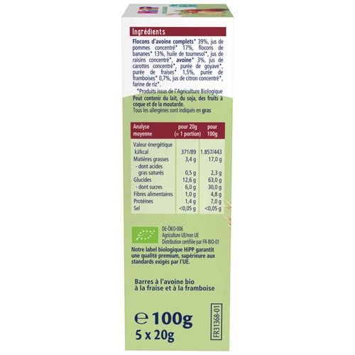Hipp Biologique Barres Avoine Fraises Framboises 100g