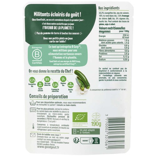 Good Goût Risotto de Courgettes au Chèvre Bio Dès 8 Mois 190g