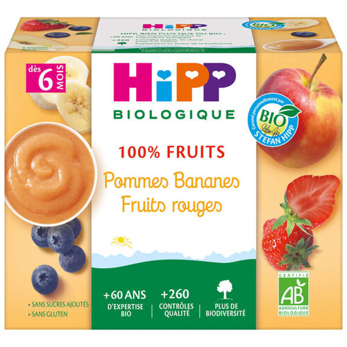 Hipp Coupelles Pommes, Bananes & Fruits Rouges 6M Bio 4X100g