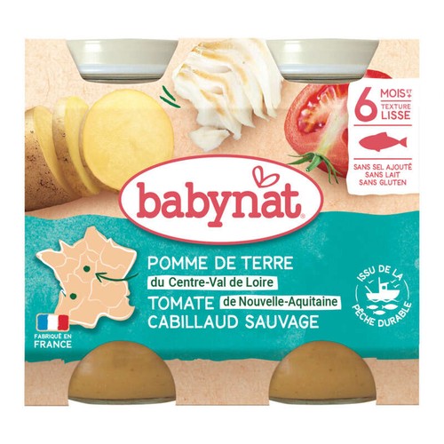Babynat Babybio Petits Pots Pommes de Terre & Cabillaud Bio 6M 2x200g