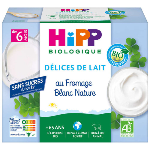 Hipp Délices De Lait Au Fromage Blanc Nature 6M Bio 4X100G - Naturalia  Courses en ligne et offres