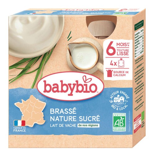Babybio Brassé Nature Sucré, Dès 6 Mois, 4x85g