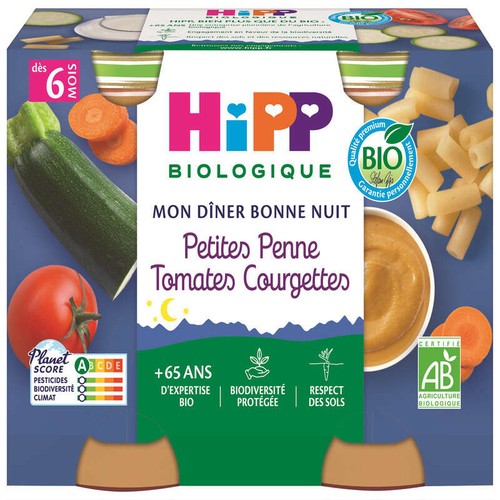 Hipp Biologique Plat Petites Penne Tomates Courgettes dès 6 mois 2x190g