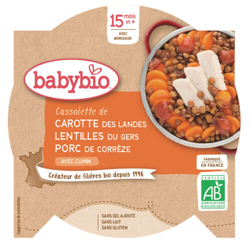 Babybio Cassolette De Carotte Lentilles Et Porc Des 15M Bio