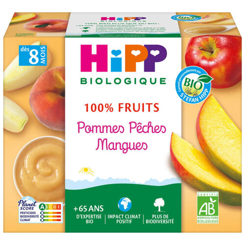 Hipp Coupelles Pommes, Pêches & Mangue 8M Bio 4X100g