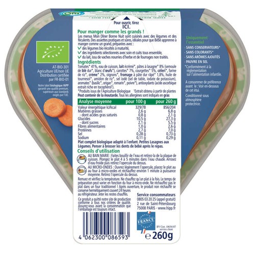 Hipp Petites Lasagnes Aux Légumes 18M Bio 260g