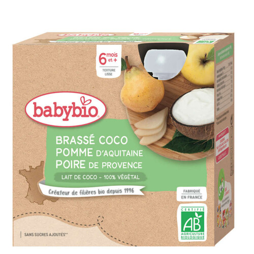 Babybio Dessert Brassé Bio Coco Pomme d'Aquitaine Poire Dès 6 mois 4x85g