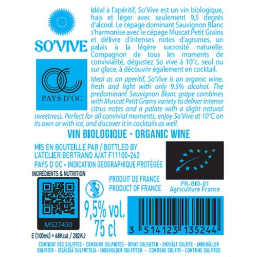 So’Vive  Vin Blanc Bas en Alcool 75cl