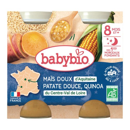 Babybio Pot Maïs Doux d'Aquitaine Patate Douce Quinoa Dès 8M + 2*200g